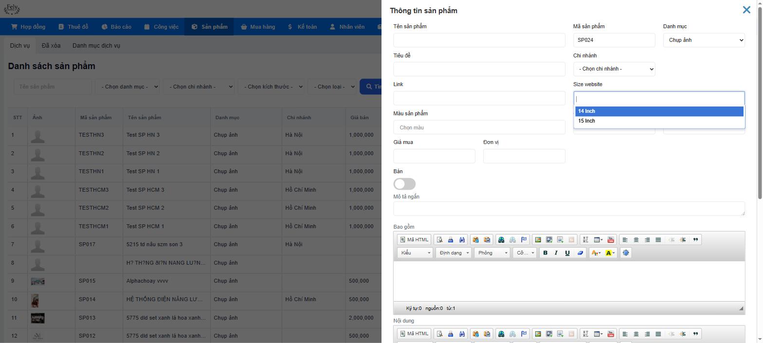 Ô "Size website" nằm cạnh ô "Kích thước" trong form sản phẩm