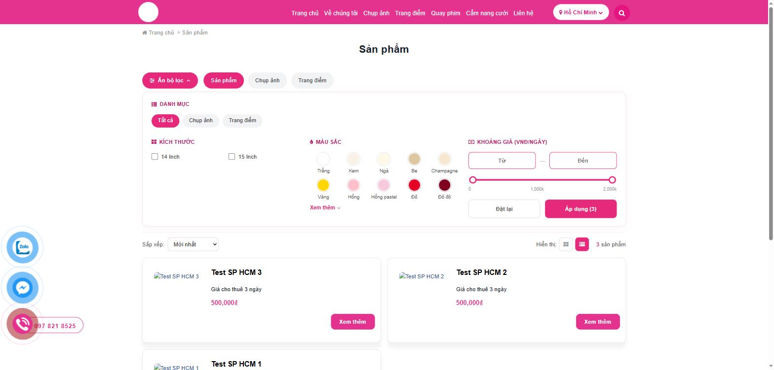 Trang /san-pham trên web với bộ lọc danh mục, màu, size
