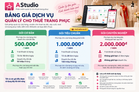 Bảng Giá Phần Mềm Quản Lý Cho Thuê Trang Phục AStudio 2026 – Từ 500K/Năm